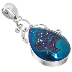 925 Silver Cobalt Blue Titanium Druzy Drusy Filigree Sterling Pendant, 1 3/4"