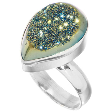 925 Silver Teardrop Pear Titanium Agate Druzy Size 8 Sterling Ring, 13/16"