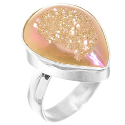 925 Silver Gold Pink Azalea Titanium Agate Druzy Sterling Adj Sz 6 Ring, 7/8"