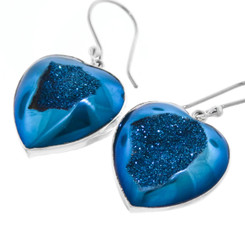 925 Silver Heart Cobalt Blue Titanium Agate Druzy Drusy Sterling Earrings, 7/8"