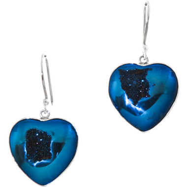 925 Silver Heart Cobalt Blue Titanium Agate Druzy Drusy Sterling Earrings, 7/8"