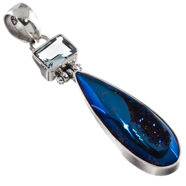 925 Silver Cobalt Blue Titanium Agate Druzy Topaz Sterling Pendant, 2"