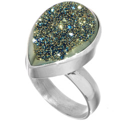 925 Silver Teardrop Pear Titanium Agate Druzy Size 7 Sterling Ring, 13/16"