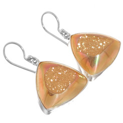 925 Silver Trillion Pink Gold-tone Titanium Agate Druzy Drusy Earrings, 7/8"