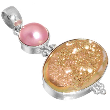 925 Silver Pink gold-tone Titanium Agate Druzy Mabe Pearl Sterling Pendant, 2"