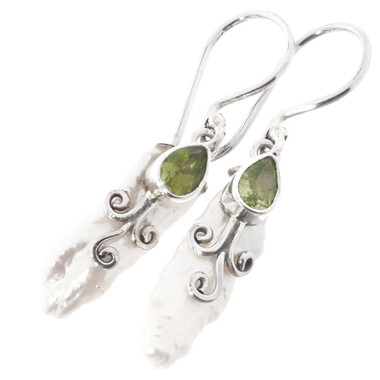 925 Silver White Freshwater Stick Pearl Peridot Sterling Filigree Earrings, 7/8"
