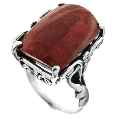 Red Sponge Coral Bali Scrollwork 925 Sterling Silver Ring