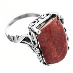 Red Sponge Coral Bali Scrollwork 925 Sterling Silver Ring