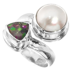 925 Silver South Sea Cultured Mabe Pearl Genuine Mystic Topaz Ring