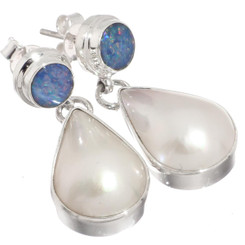 925 Silver Australian Opal Pear Blue White Pearl Sterling Stud Earrings, 1 1/4"