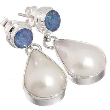 925 Silver Australian Opal Pear Blue White Pearl Sterling Stud Earrings, 1 1/4"