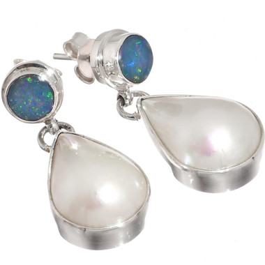 925 Silver Australian Opal White Mabe Pearl Sterling Stud Earrings, 1 1/4"