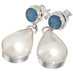 925 Silver Australian Opal White Mabe Pearl Sterling Stud Earrings, 1 1/4"