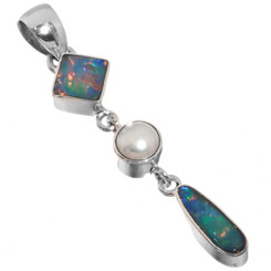 925 Silver Natural Australian Opal Freshwater Pearl Sterling Pendant, 1 5/8"