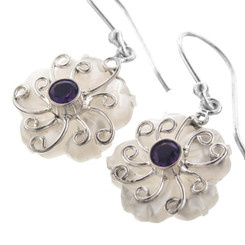 925 Silver White Mother Of Pearl Shell Flower Purple Amethyst Earrings, 0.8"