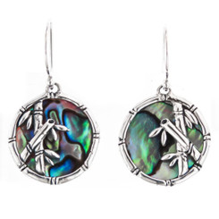 925 Silver Bamboo Design Blue Green Paua Abalone Sterling Earrings, 13/16"