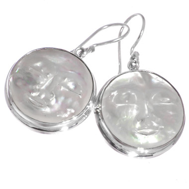 925 Silver Mother Of Pearl Sun Moon Face Hand Carving Sterling Earrings, 3/4"