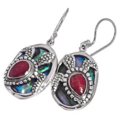 925 Silver Turtle Red Coral On Paua Abalone Sterling Earrings, 7/8"