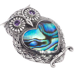 925 Sterling Paua Abalone Shell Silver Owl Statement Piece Pendant, 1 5/8"