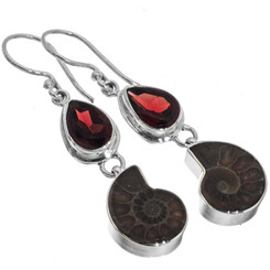 Ammonite Fossil Red Garnet 925 Sterling Silver Drop Dangle Earrings, 1 3/8"
