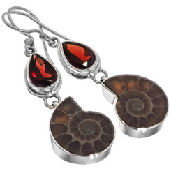 Ammonite Fossil Red Garnet 925 Sterling Silver Drop Dangle Earrings, 1 3/8"