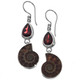 Ammonite Fossil Red Garnet 925 Sterling Silver Drop Dangle Earrings, 1 3/8"