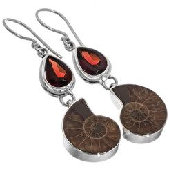 Ammonite Fossil Red Garnet 925 Sterling Silver Drop Dangle Earrings, 1 3/8"