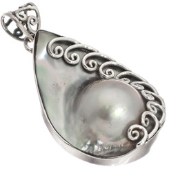 925 Silver Teardrop Filligree Cultured Mabe Blister Pearl Shell Pendant, 2 3/8"