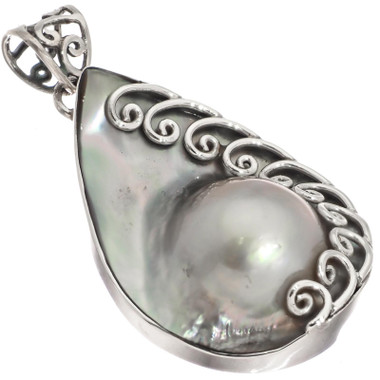925 Silver Teardrop Filligree Cultured Mabe Blister Pearl Shell Pendant, 2 3/8"