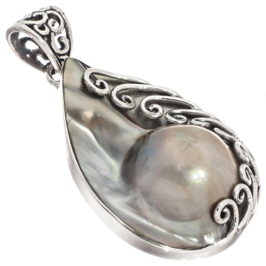 925 Silver Teardrop Filligree Cultured Mabe Blister Pearl Shell Pendant, 2 3/8"