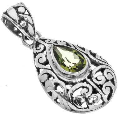 925 Silver Pear Teardrop Peridot Scroll Filigree Sterling Pendant, 1 1/4"