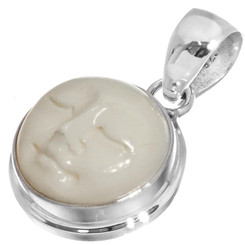 925 Silver Dainty Hand Carving Moon Moonface Bone Carving Sterling Pendant, 1"