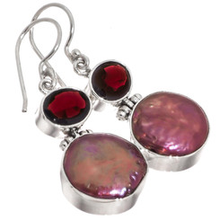 925 Silver Burgundy Freshwater Coin Pearl Red Garnet Sterling Earrings, 1"