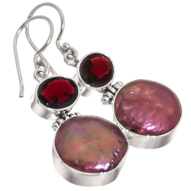 925 Silver Burgundy Freshwater Coin Pearl Red Garnet Sterling Earrings, 1"
