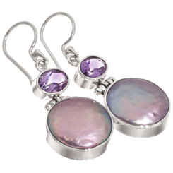 925 Silver Lavender Freshwater Coin Pearl Purple Amethyst Sterling Earrings, 1"