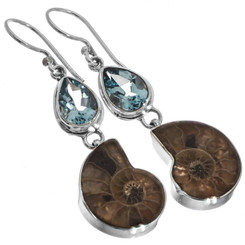 925 Silver Ammonite Fossil Blue Topaz Gems Sterling Drop Earrings, 1 7/16"