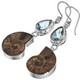 925 Silver Ammonite Fossil Blue Topaz Gems Sterling Drop Earrings, 1 7/16"