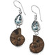 925 Silver Ammonite Fossil Blue Topaz Gems Sterling Drop Earrings, 1 7/16"