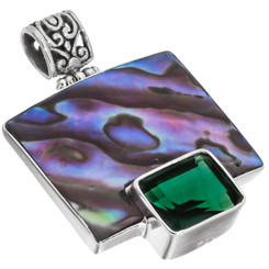925 Silver New Zealand Paua Abalone Shell Green Quartz Sterling Pendant, 1 1/2"