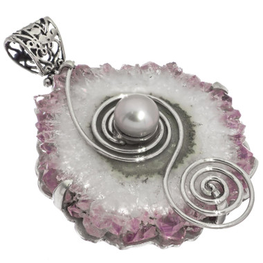 925 Silver FifiRose Stalactite Crystal Slice Cultured Pearl Pendant, 2 1/4"