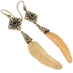 Bird Feather Oyster Mother Of Pearl Shell ?Hand Carving Drop Earrings, 2 3/4"