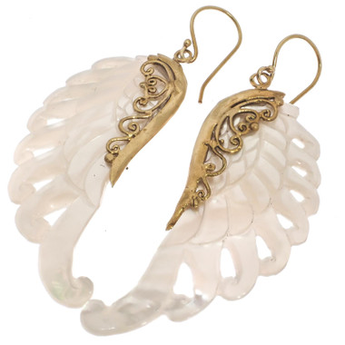 Exquisite White Wing Oyster Mother Of Pearl Shell Hand Carving Earrings, 2"