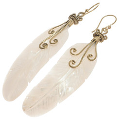 Bird Feather Oyster Mother Of Pearl Shell ?Hand Carving Drop Earrings, 2 1/2"