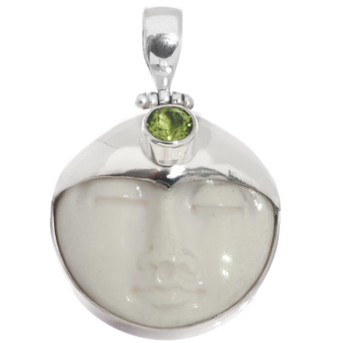925 Silver Bison Bone Moon Moonface Goddess Hand Carving Peridot Pendant, 1"
