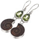 925 Silver Ammonite Fossil Peridot Gems Sterling Drop Earrings, 1 1/2"