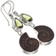 925 Silver Ammonite Fossil Peridot Gems Sterling Drop Earrings, 1 1/2"