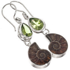925 Silver Ammonite Fossil Peridot Gems Sterling Drop Earrings, 1 1/2"