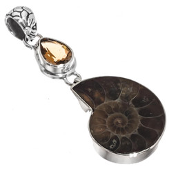 925 Silver Citrine Madagascar Ammonite Fossil Handmade Sterling Pendant, 1 9/16"