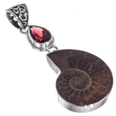 925 Silver 3ct Red Garnet Ammonite Fossil Fossil Sterling Pendant, 1 9/16"