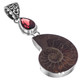 925 Silver 3ct Red Garnet Ammonite Fossil Fossil Sterling Pendant, 1 9/16"